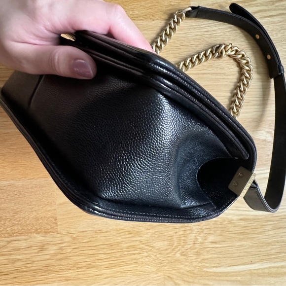 EUC CHANEL Boy Bag Black Caviar Chevron Leather Brushed Gold Hardware Old Medium - Picture 10 of 15